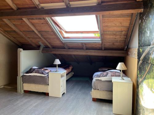 a attic room with two beds and a skylight at Lucky luke's hideaway in Heibloem