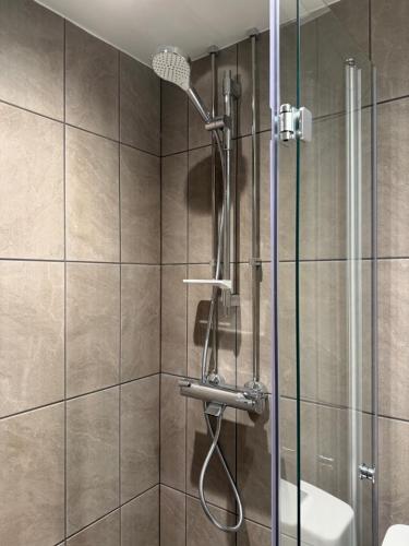 a shower with a glass door in a bathroom at 50s Atmospheric Suite in Turku
