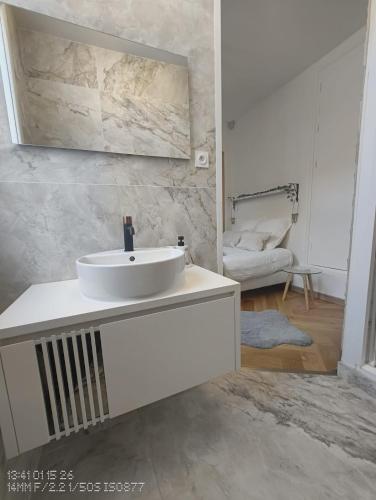 a bathroom with a white sink in a room at Le Royal Dijonnais - Centre Ville in Dijon