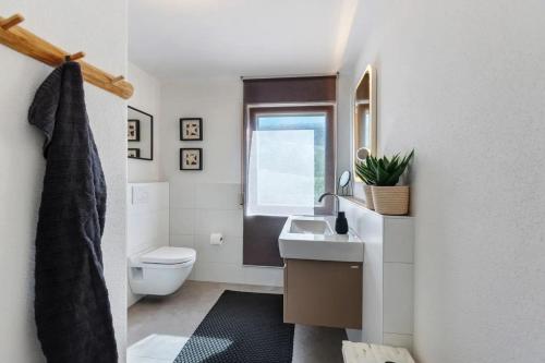 a white bathroom with a toilet and a sink at Fewo Spectrum in Überlingen