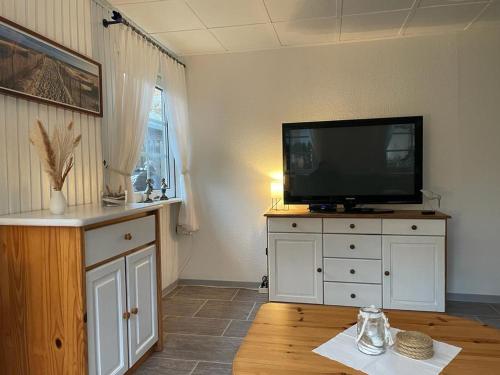a living room with a television on a white dresser at Ferienhaus Fischerhaus in Zinnowitz