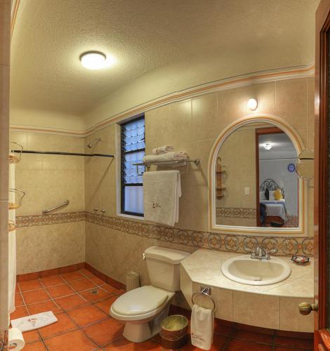 a bathroom with a toilet and a sink and a mirror at Hotel Boutique Parador San Miguel Oaxaca in Oaxaca City