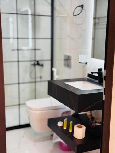 a bathroom with a white toilet and a sink at RUM HORIZON BUBBlE LUXURY CAMP in Wadi Rum