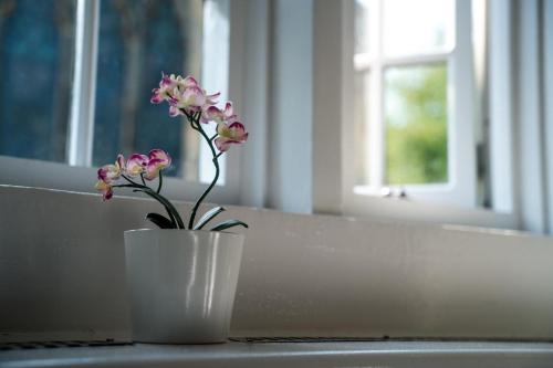 a white vase with pink flowers in it on a table at The George Inn in Tideswell
