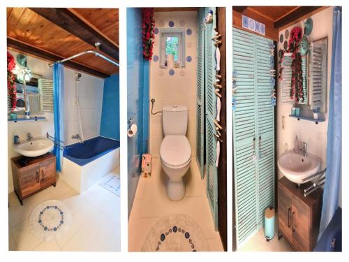 Zwei Bilder eines Badezimmers mit Toilette und Waschbecken in der Unterkunft Manderscheid in Manderscheid
