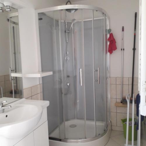 a shower in a bathroom with a sink at L etoile bleue in Fossé