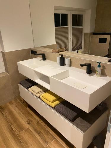 a bathroom with a white sink and a mirror at ParkSuite Aflenz Kurort in Aflenz Kurort