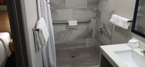 a bathroom with a shower and a sink at Red Roof Inn Leeds in Leeds