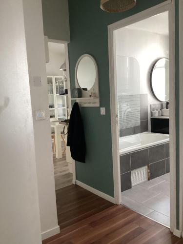 a bathroom with a sink and a mirror at Les Apparts' Hotel du Canal in Châteaulin