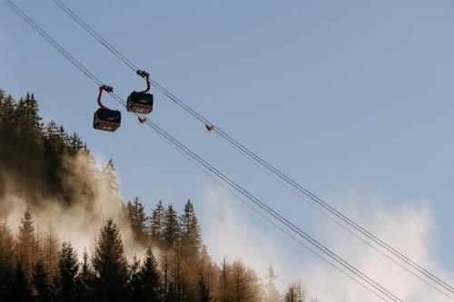 a ski lift with people on it in front of a fire at Hotel Garni Alpenhof in Ischgl