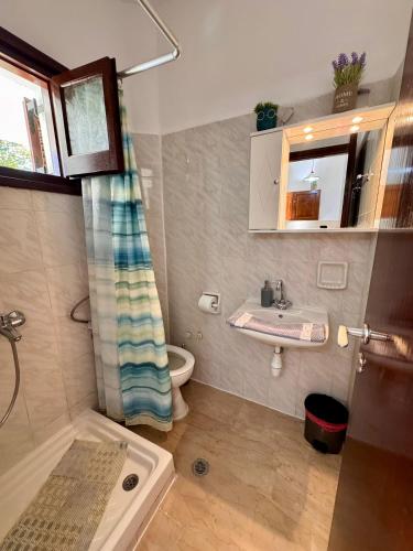 a bathroom with a shower and a sink and a toilet at Tzilios Studios in Acharavi