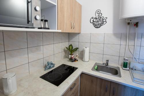 a kitchen with a sink and a counter top at noclegi u zabki in Ełk