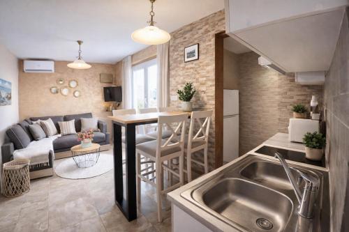 a kitchen and living room with a sink and a couch at Apartments Obradovic in Krašići