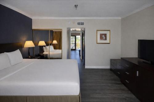 a bedroom with a large bed and a television at The Buena Park Grand Hotel & Suites in Buena Park