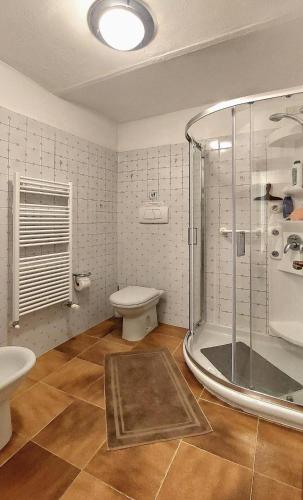 a bathroom with a shower and a toilet and a sink at Villa Vallevento in Calamandrana