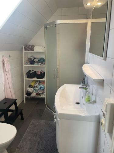 a bathroom with a sink and a shower at Hus, barnvänligt, nära strand in Halmstad