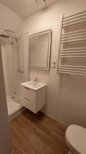 a bathroom with a sink and a shower and a toilet at AzyL25 in Starachowice