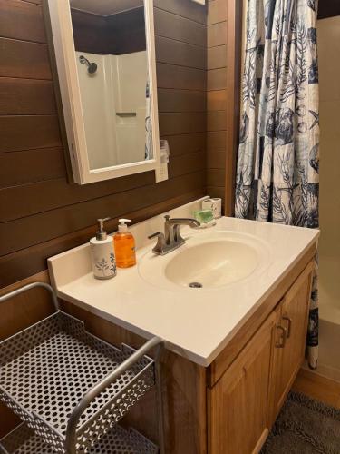 a bathroom with a sink and a mirror at Mountain Cabin at Heavenly in Stateline