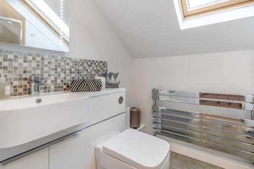 a white bathroom with a toilet and a sink at 3 Bed in Brithdir oc-c33971 in Llanfachreth