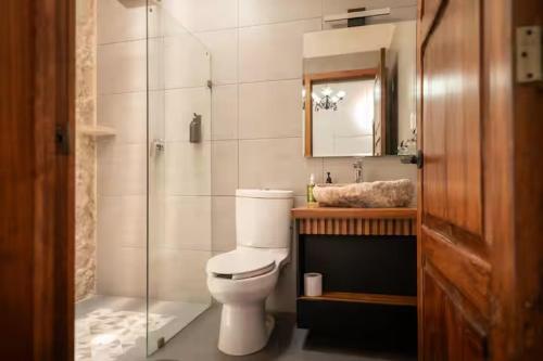 a bathroom with a toilet and a shower and a sink at Casa Alzate in Morelia