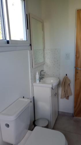 a white bathroom with a toilet and a sink at Cabaña DEK in Tigre