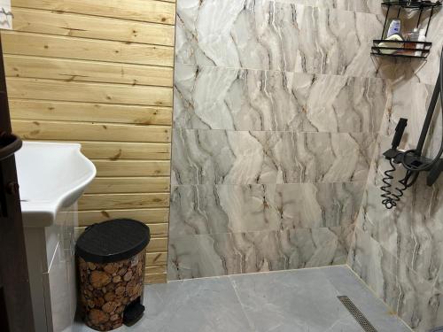 a bathroom with a white sink and a marble wall at Cottage SUNNY in Itʼkhvisi