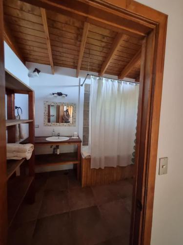 a bathroom with a shower with a sink and a mirror at Texas Limache in Limache