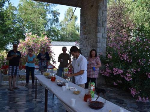 a group of people standing around a table with food at Chalet 35m² avec Terrasse, 2 Chambres - API-1-52-1014 in Boulogne-sur-Gesse