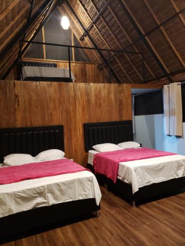two beds in a room with wooden walls at Top Manu Avatar Lodge in Pillcopata