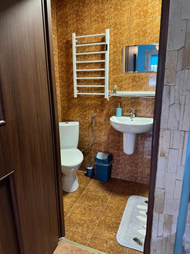 a bathroom with a toilet and a sink at Zakątek Transformacji in Łużna