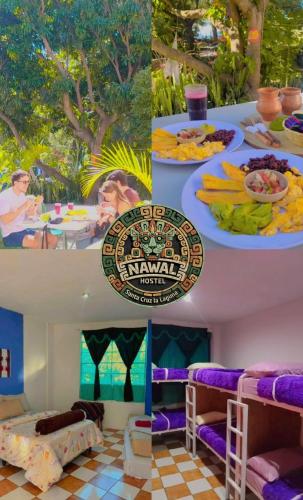 a room with bunk beds and a table with plates of food at Nawal Hostel in Santa Cruz La Laguna