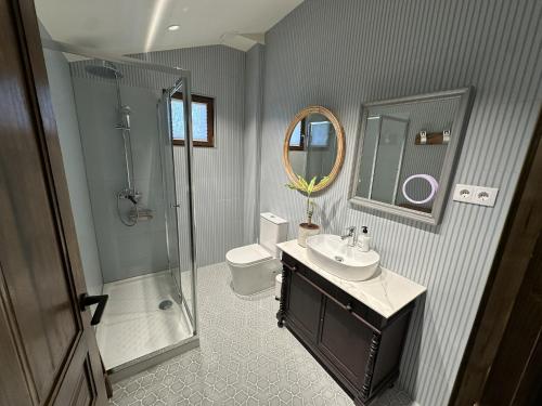 a bathroom with a sink and a shower and a toilet at Casa Rural Belladona in Valdeprados