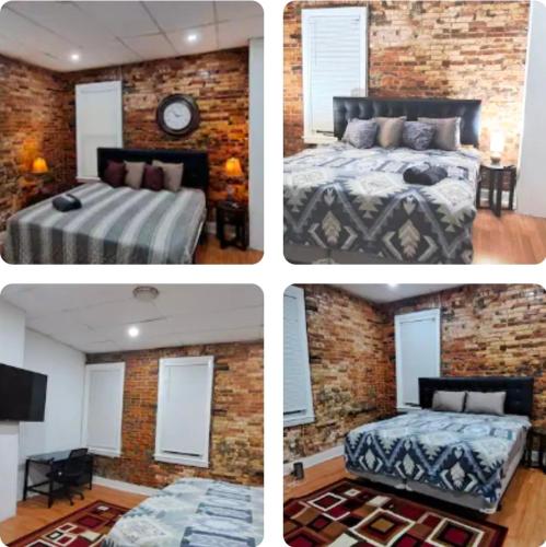 four pictures of a bedroom with a bed and a brick wall at Charm's City Cozy Studio in Baltimore