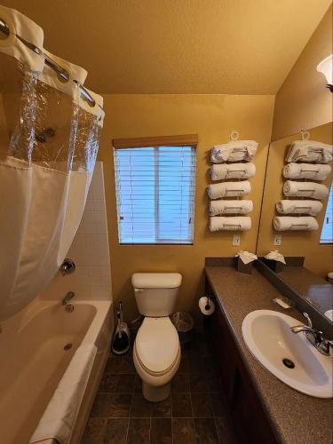 a bathroom with a toilet and a tub and a sink at Lighthouse Pointe Resort in Point Arena