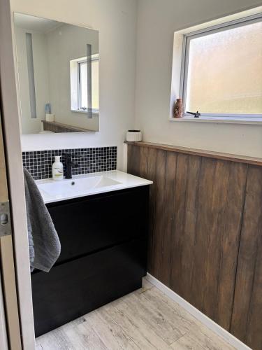 a bathroom with a sink and a mirror at Coastal Guest Suite near Fishermans Cove in Whangaparaoa