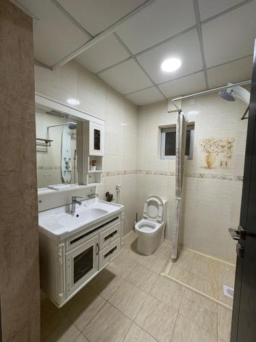 een badkamer met een wastafel en een toilet bij Spacious Suite in Jazīrat as Sāyah