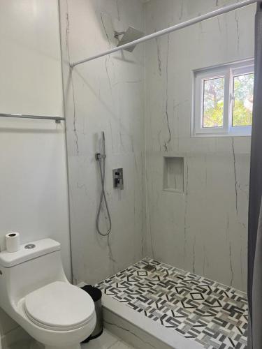 a white bathroom with a shower and a toilet at Island Time house in Utila