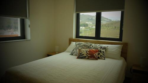 a bedroom with a bed with pillows and two windows at Casa da Corredoura in Santa Marta de Penaguião