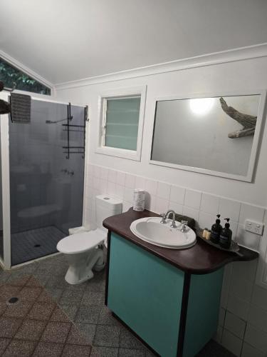 a bathroom with a sink and a toilet and a shower at Ferntree Rainforest Lodge in Cape Tribulation