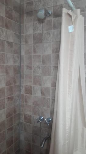 a shower with a white shower curtain in a bathroom at Los Almendros in Nueva Atlantis