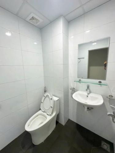 a white bathroom with a toilet and a sink at Ha Noi Capsule Station Hostel in Hanoi