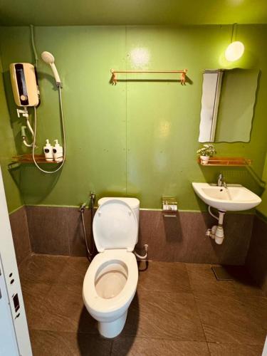 a bathroom with a white toilet and a sink at Padi Box Homestay in Sekinchan