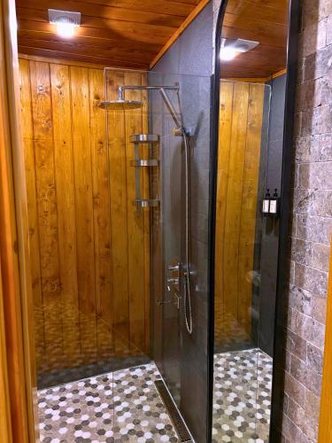 a shower with a glass door in a bathroom at Dream River Sapanca in Sapanca