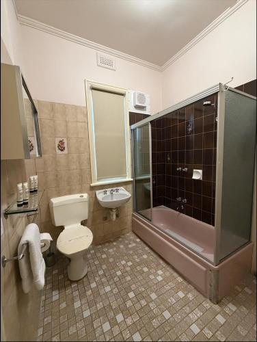 a bathroom with a toilet and a shower and a sink at Campbell st Lodge in Castlemaine