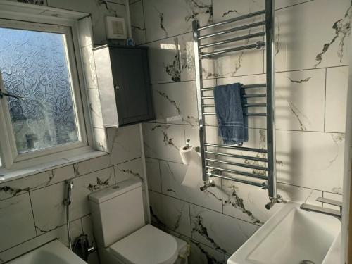 a bathroom with a toilet and a sink and a window at Byron View House in Luton