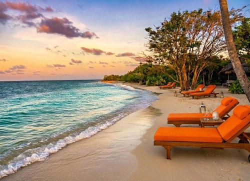 a beach with orange lounge chairs and the ocean at Giman Free Beach Resort Pasikuda in Pasikuda
