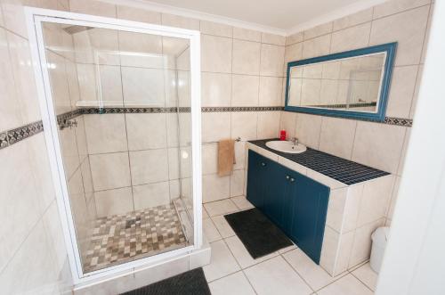 a bathroom with a shower and a sink at Hermanus Backpackers & Budget Accommodation in Hermanus