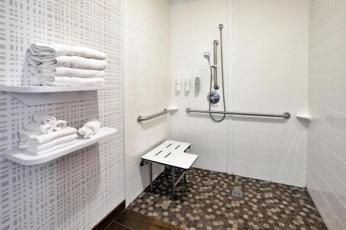 a white bathroom with a shower and a sink at Hampton Inn Detroit/Belleville-Airport Area in Belleville