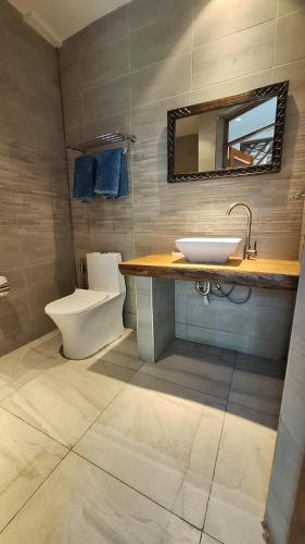 a bathroom with a sink and a toilet and a mirror at Kipepeo Beach and Village in Dar es Salaam