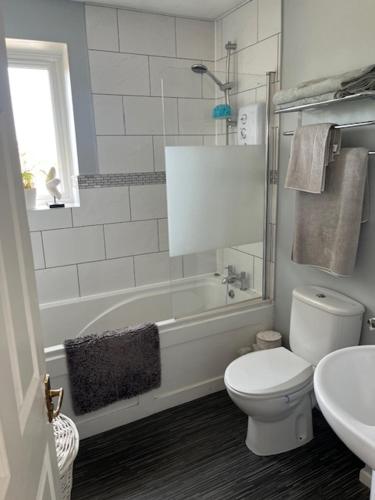 a bathroom with a toilet and a tub and a sink at Buckingham Osprey in Buckingham